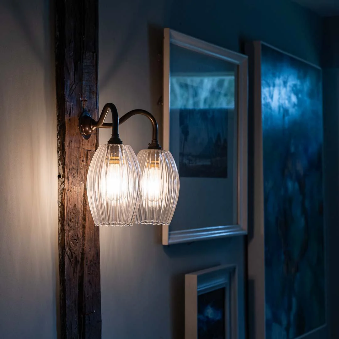 Camber Medium Ribbed Glass Shade Double Arm Wall Light - Image 3