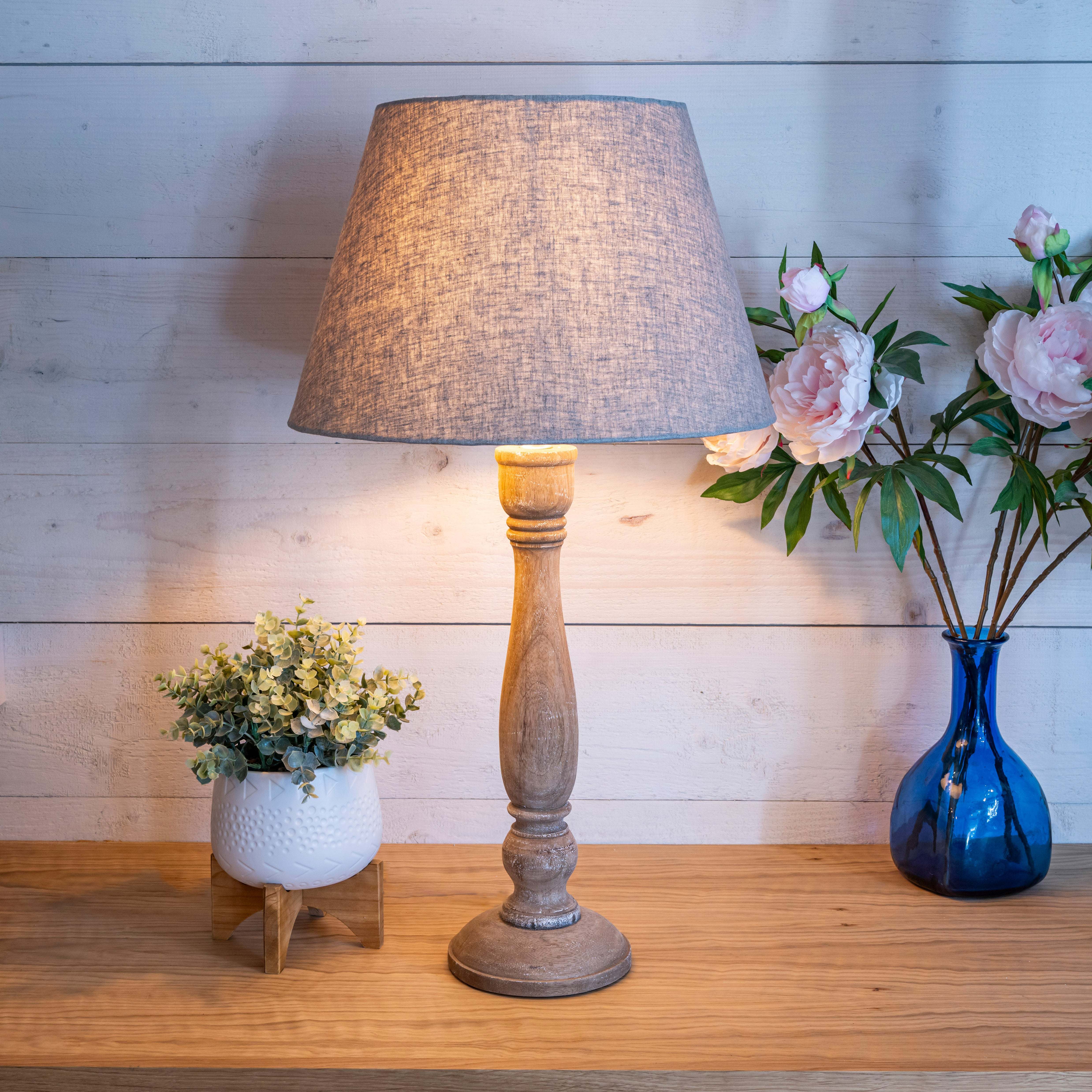 Tall Rustic Wooden Table Lamp with Linen Shade - Image 2